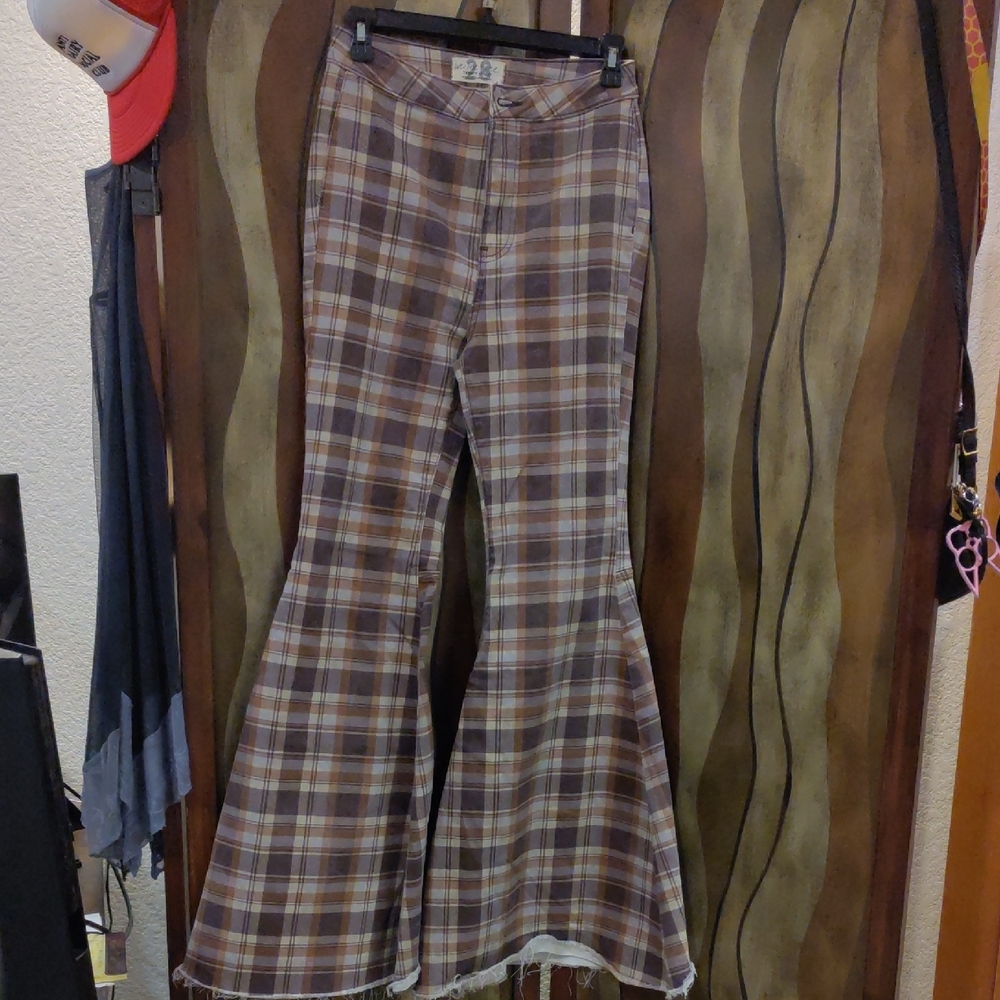 We The Free Brown Plaid Flare Wide Leg Jeans